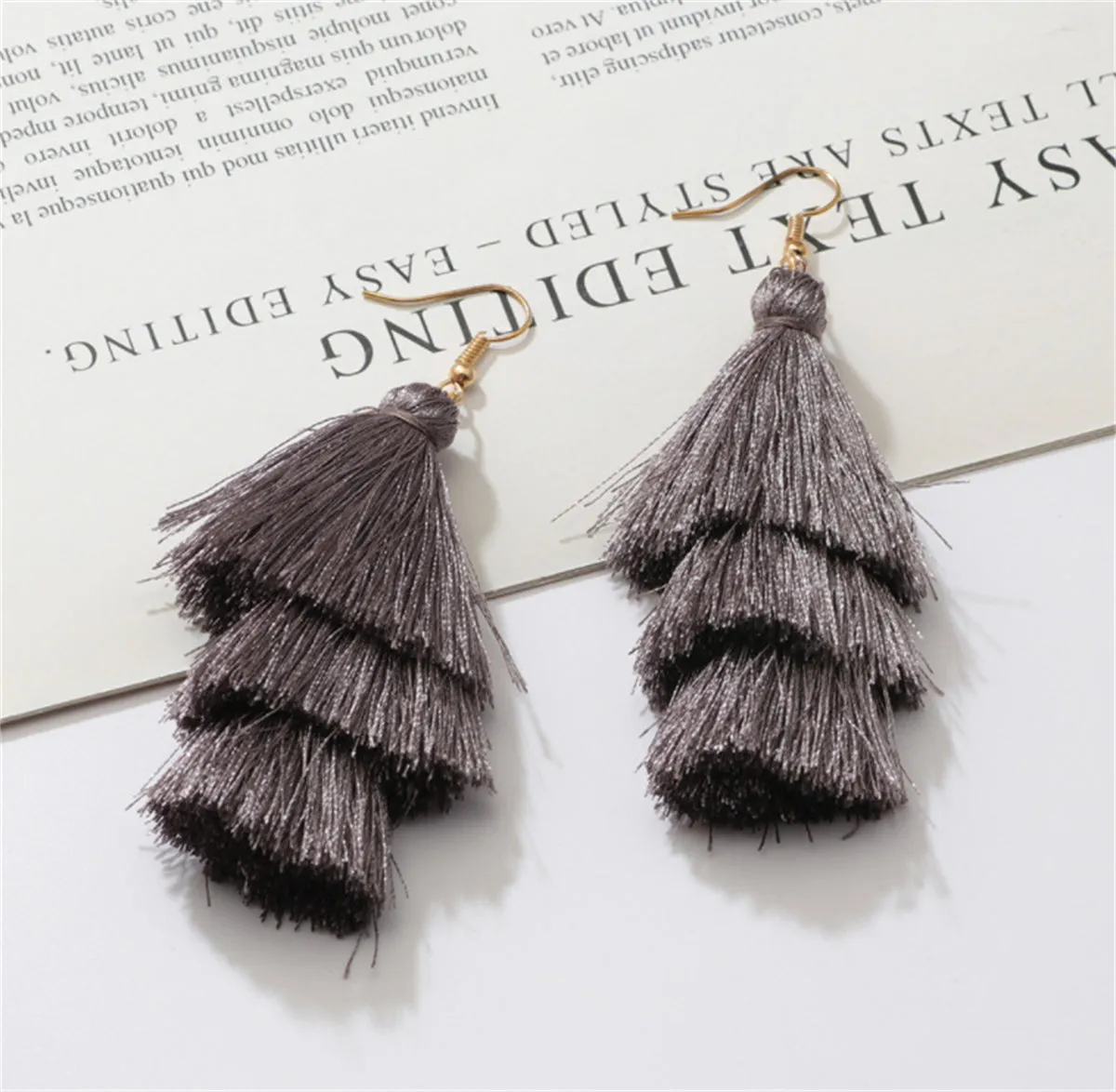 Dark Gray Polyster & 18K Gold-Plated Layered Tassel Drop Earrings