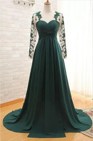 Dark Green Evening Appliques Long Prom Dress with Sleeves