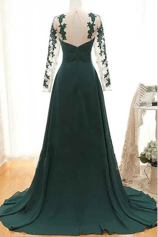 Dark Green Evening Appliques Long Prom Dress with Sleeves