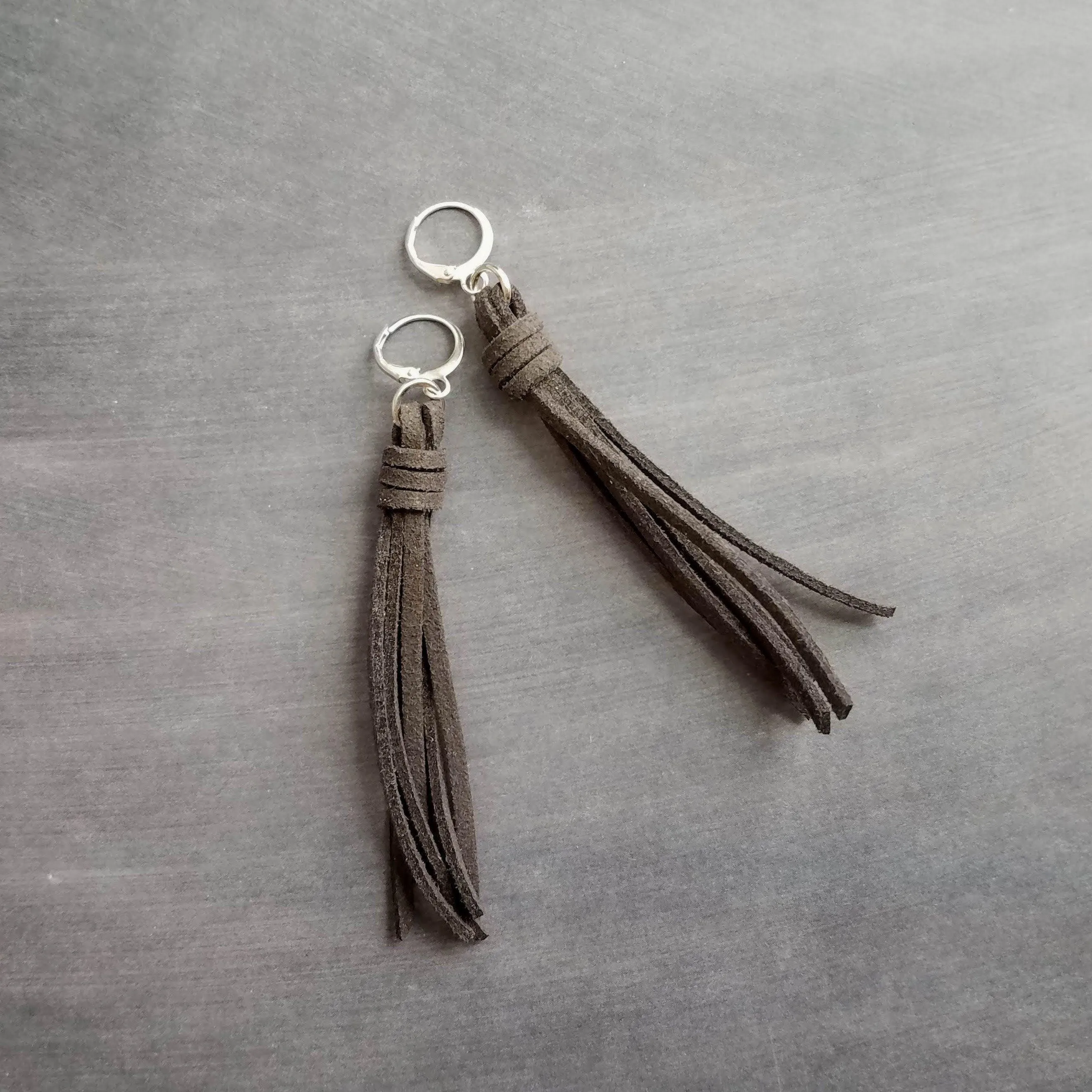 Dark Grey Long Tassel Earrings, faux suede tassel, vegan leather tassel, long gray tassel, silver huggie hoop, round lever back boho earring