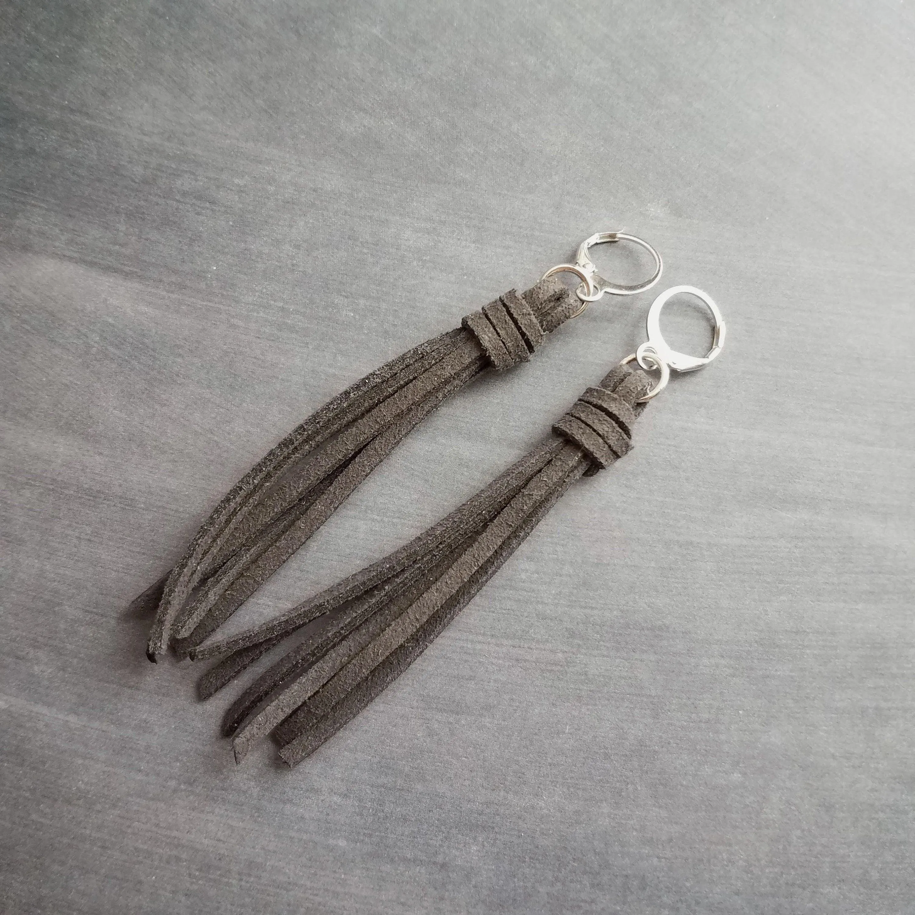 Dark Grey Long Tassel Earrings, faux suede tassel, vegan leather tassel, long gray tassel, silver huggie hoop, round lever back boho earring