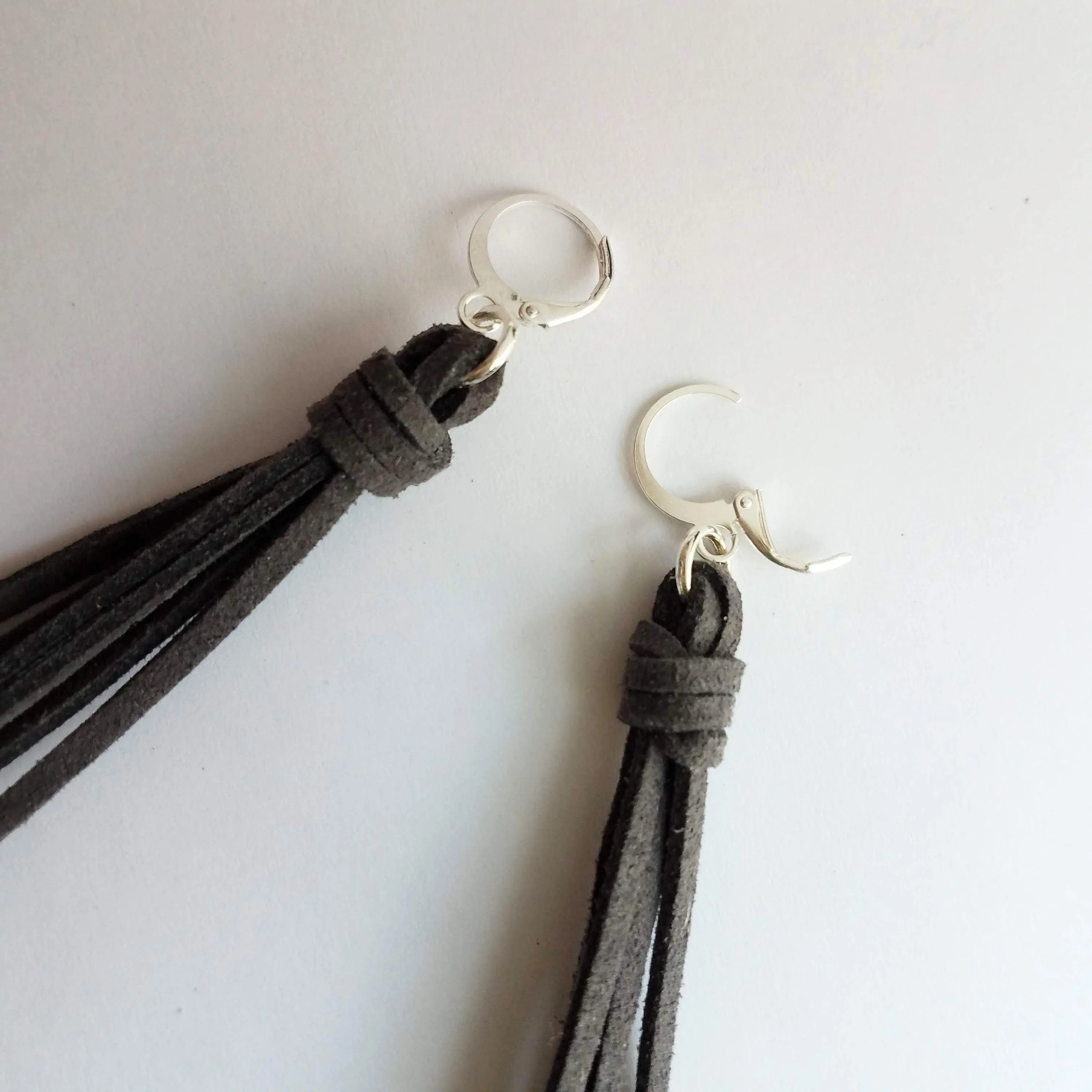 Dark Grey Long Tassel Earrings, faux suede tassel, vegan leather tassel, long gray tassel, silver huggie hoop, round lever back boho earring