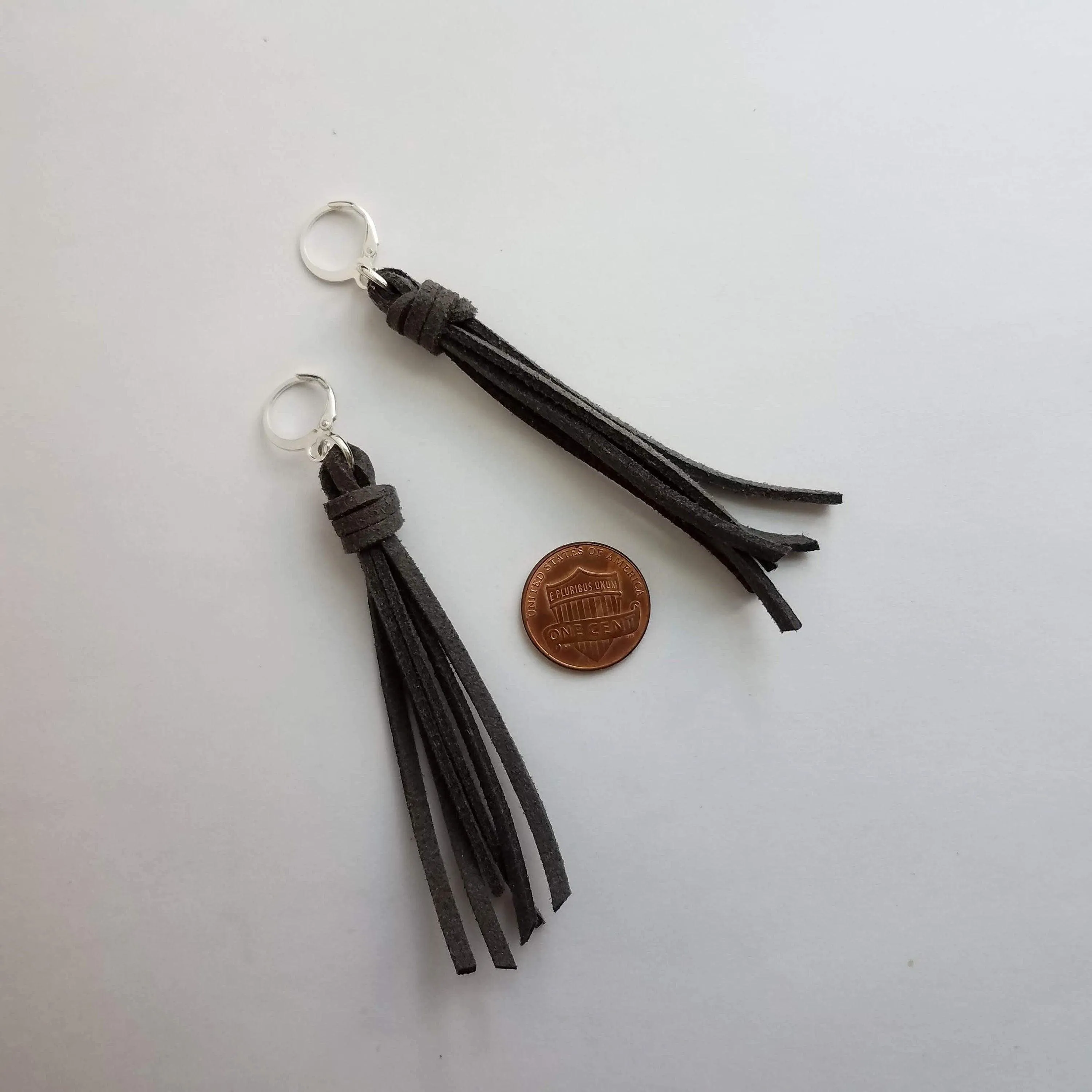 Dark Grey Long Tassel Earrings, faux suede tassel, vegan leather tassel, long gray tassel, silver huggie hoop, round lever back boho earring