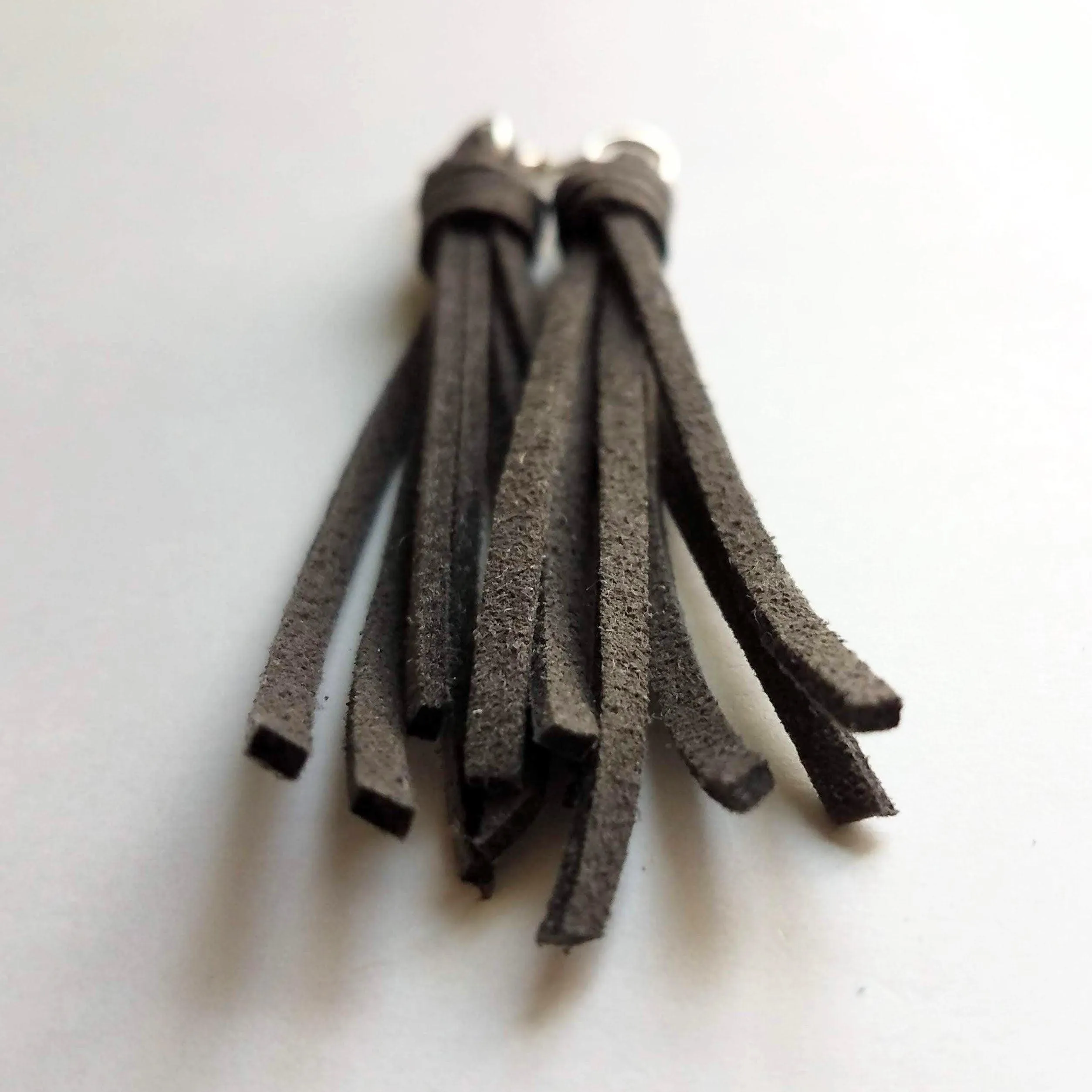Dark Grey Long Tassel Earrings, faux suede tassel, vegan leather tassel, long gray tassel, silver huggie hoop, round lever back boho earring