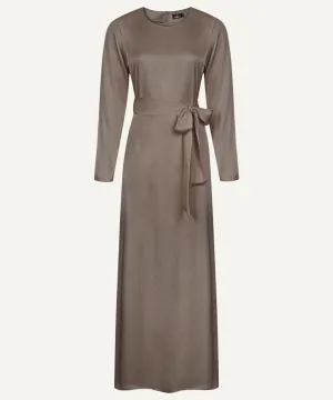 Dark Mink Satin A-Line Long Sleeve Maxi Abaya Dress