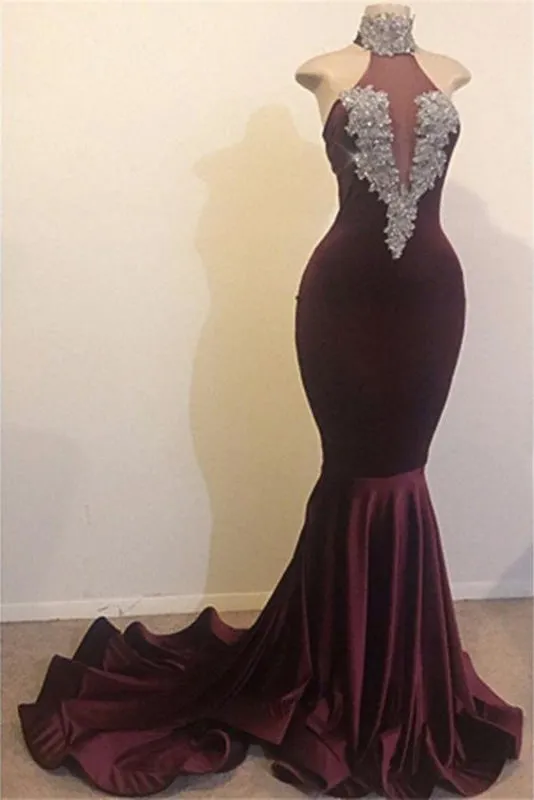 Dark Red Velvet Long Mermaid Sleeveless Sweep Train Prom Dresses