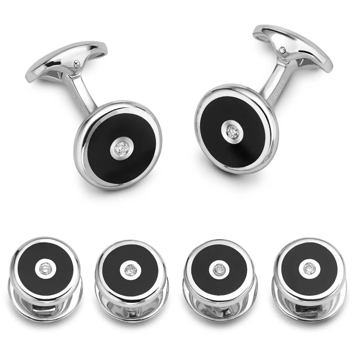Deakin and Francis Sterling Silver with Black Onyx and Diamond Cufflinks and Stud Set