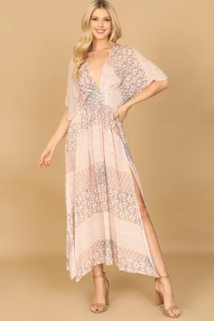 DEEP NECK DOLMAN SLEEVE SIDE SLIT PRINTED MAXI DRESS