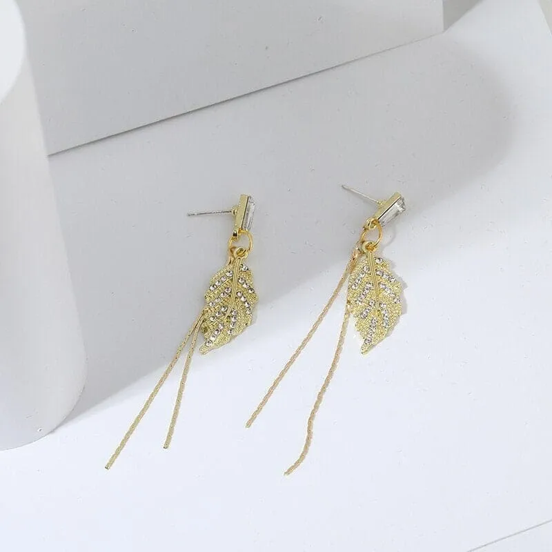 Delicate Crystal Leaf Dangle Earrings, Wedding Boho Gold Tone Dual Chain Bridal Stud Earrings