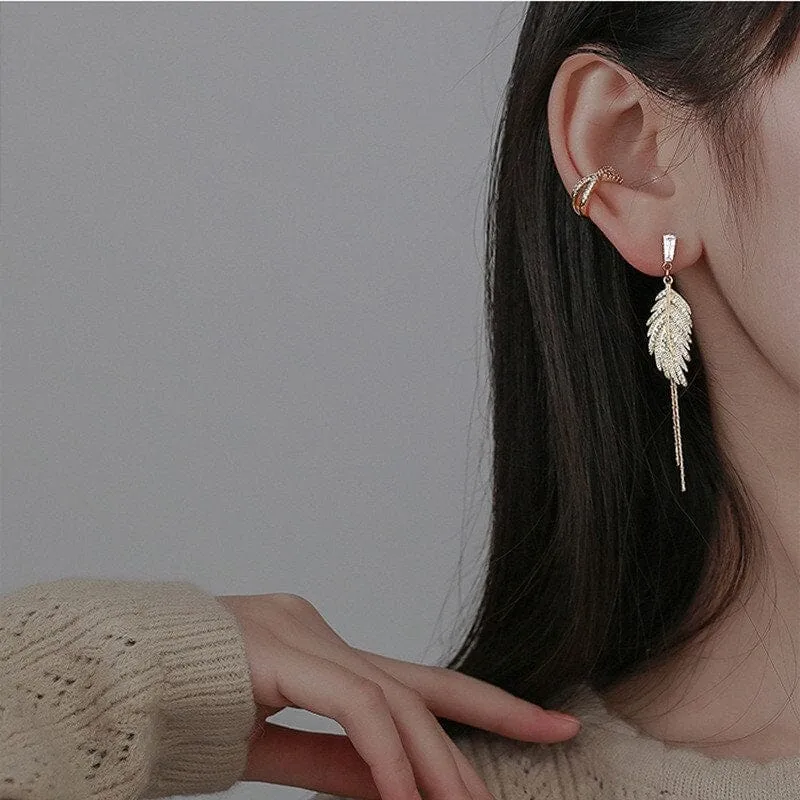 Delicate Crystal Leaf Dangle Earrings, Wedding Boho Gold Tone Dual Chain Bridal Stud Earrings