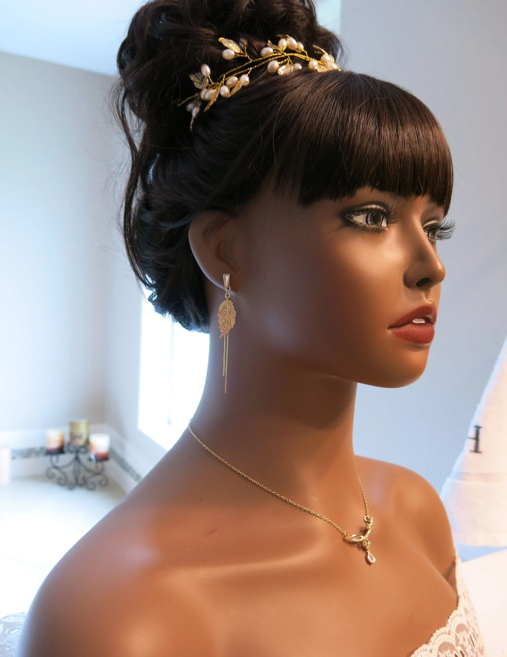 Delicate Crystal Leaf Dangle Earrings, Wedding Boho Gold Tone Dual Chain Bridal Stud Earrings