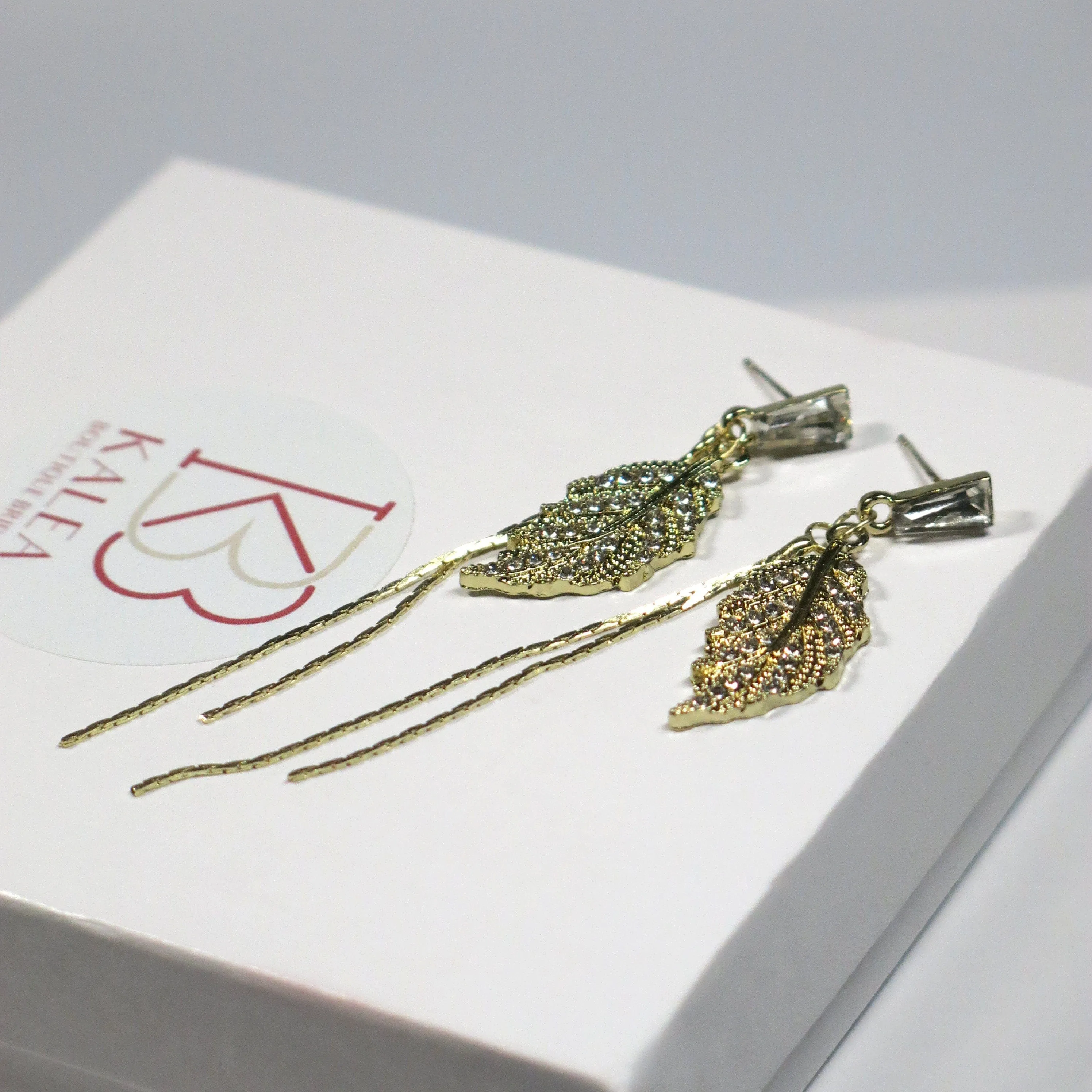 Delicate Crystal Leaf Dangle Earrings, Wedding Boho Gold Tone Dual Chain Bridal Stud Earrings
