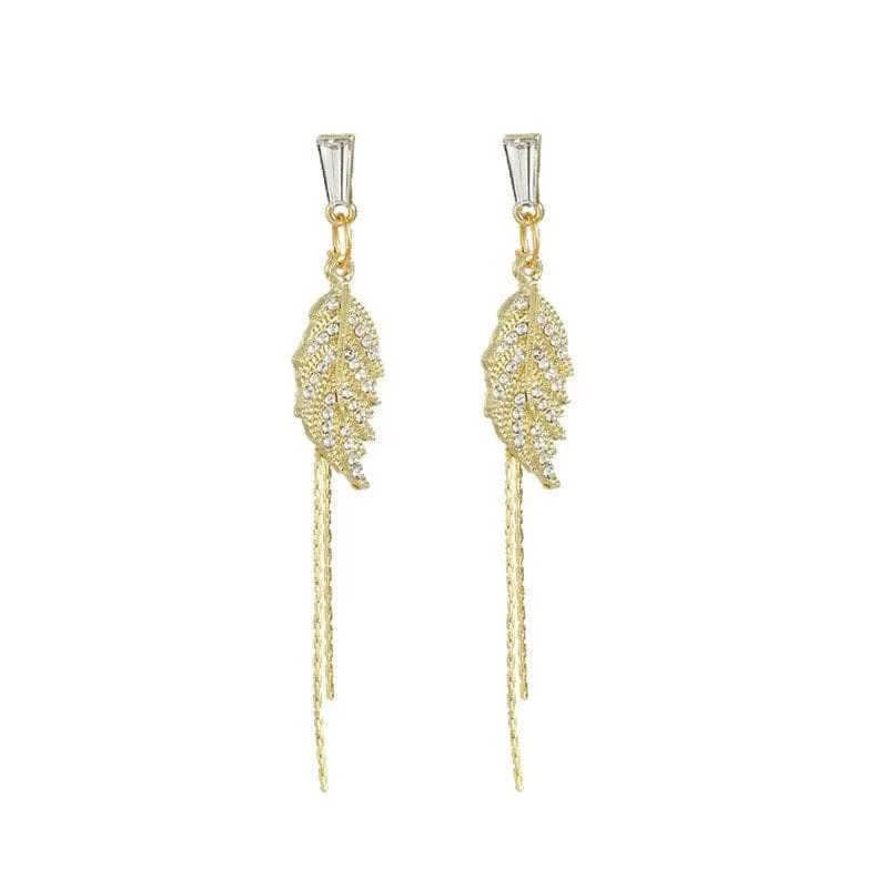 Delicate Crystal Leaf Dangle Earrings, Wedding Boho Gold Tone Dual Chain Bridal Stud Earrings