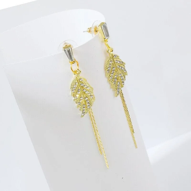Delicate Crystal Leaf Dangle Earrings, Wedding Boho Gold Tone Dual Chain Bridal Stud Earrings