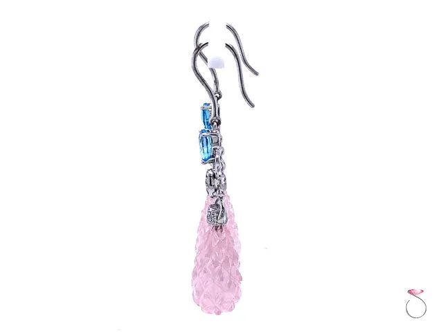 Diamond & Carved Pink Quartz Large Drop Earrings, 18K White Gold