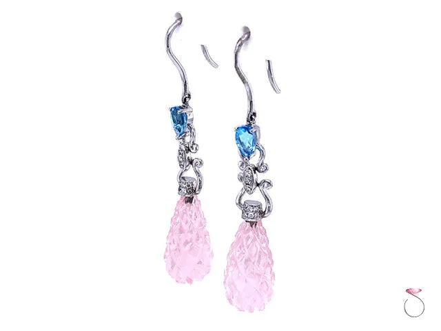 Diamond & Carved Pink Quartz Large Drop Earrings, 18K White Gold