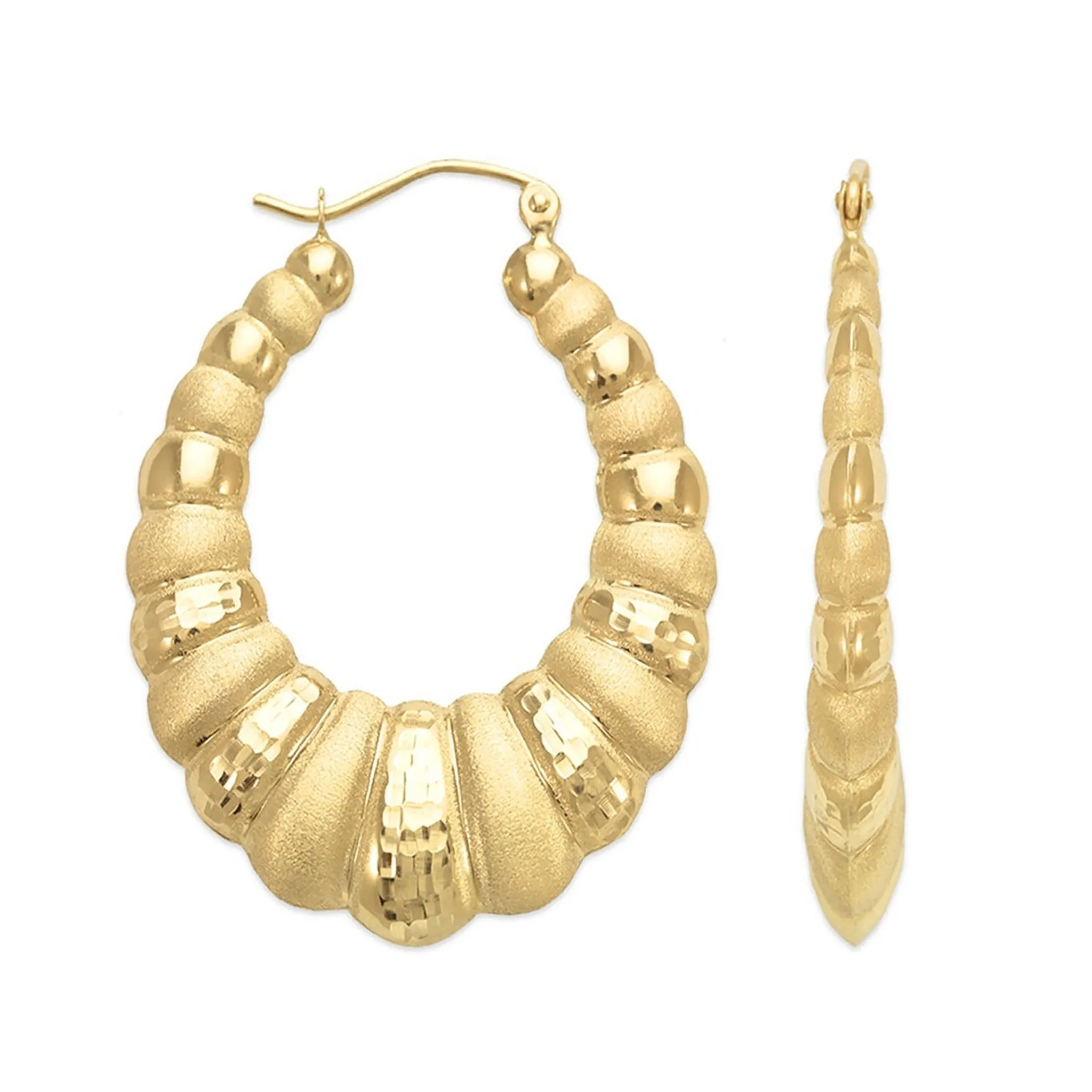 Diamond Cuts & Brushed Finish Shrimp Hoop Earrings (10K)