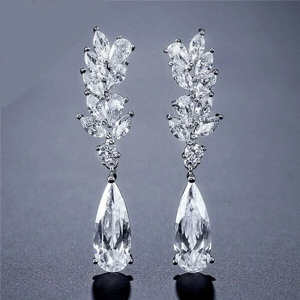 Diamond CZ Crystal Dangle Earrings, Bridesmaid Crystal Ear Studs, Wedding or Prom 14K Gold Plated Earrings