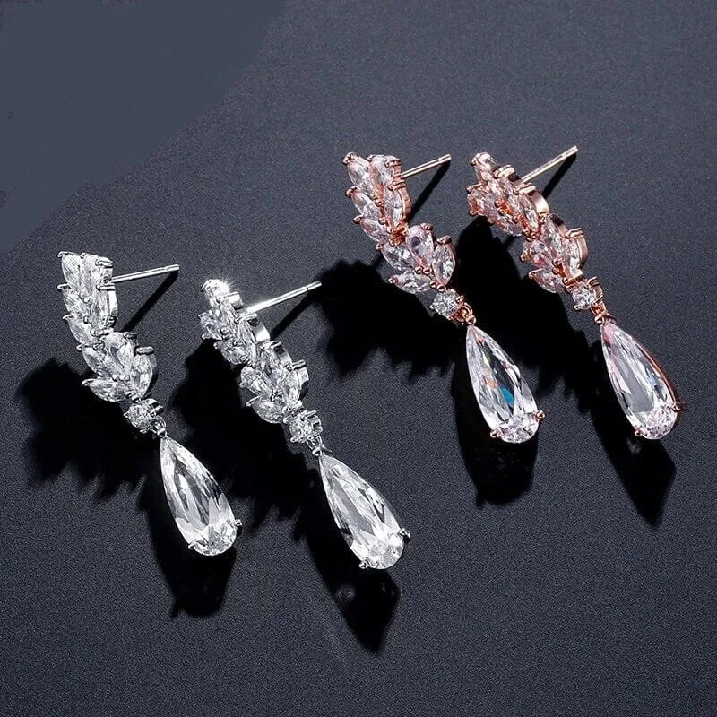 Diamond CZ Crystal Dangle Earrings, Bridesmaid Crystal Ear Studs, Wedding or Prom 14K Gold Plated Earrings