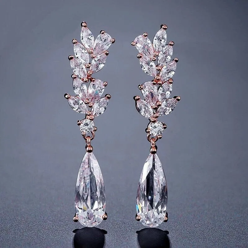 Diamond CZ Crystal Dangle Earrings, Bridesmaid Crystal Ear Studs, Wedding or Prom 14K Gold Plated Earrings