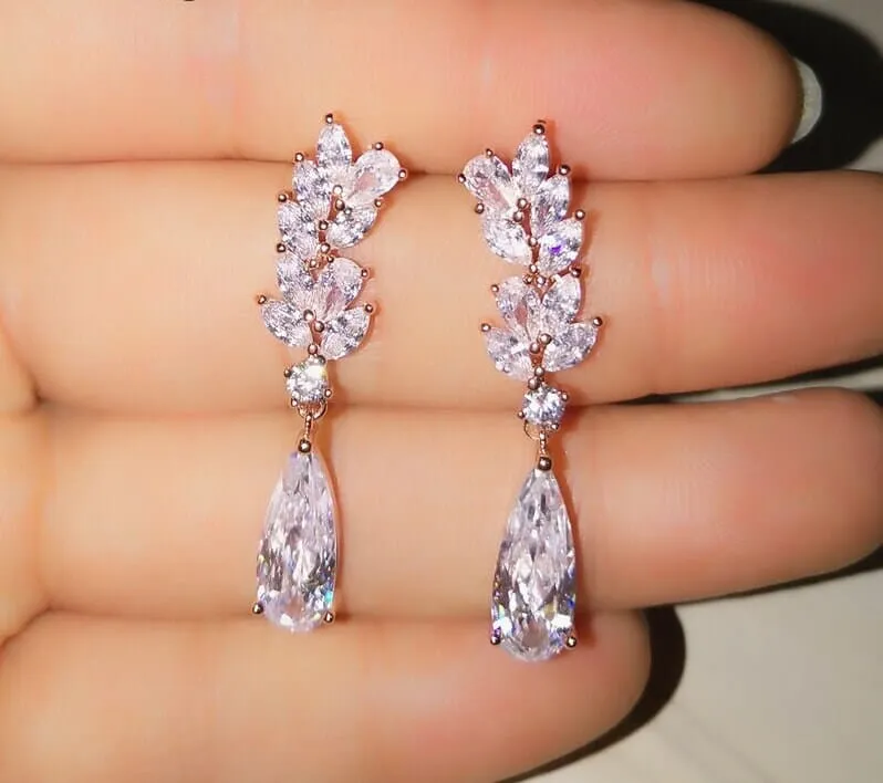 Diamond CZ Crystal Dangle Earrings, Bridesmaid Crystal Ear Studs, Wedding or Prom 14K Gold Plated Earrings