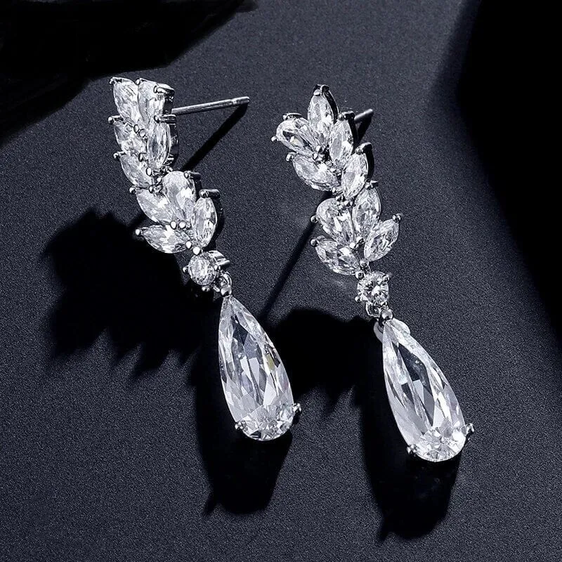 Diamond CZ Crystal Dangle Earrings, Bridesmaid Crystal Ear Studs, Wedding or Prom 14K Gold Plated Earrings