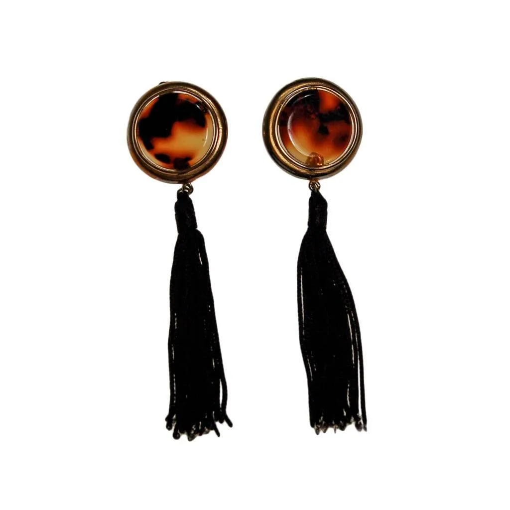 Diane von Furstenberg Tortoise and Black Silk Tassel Earrings