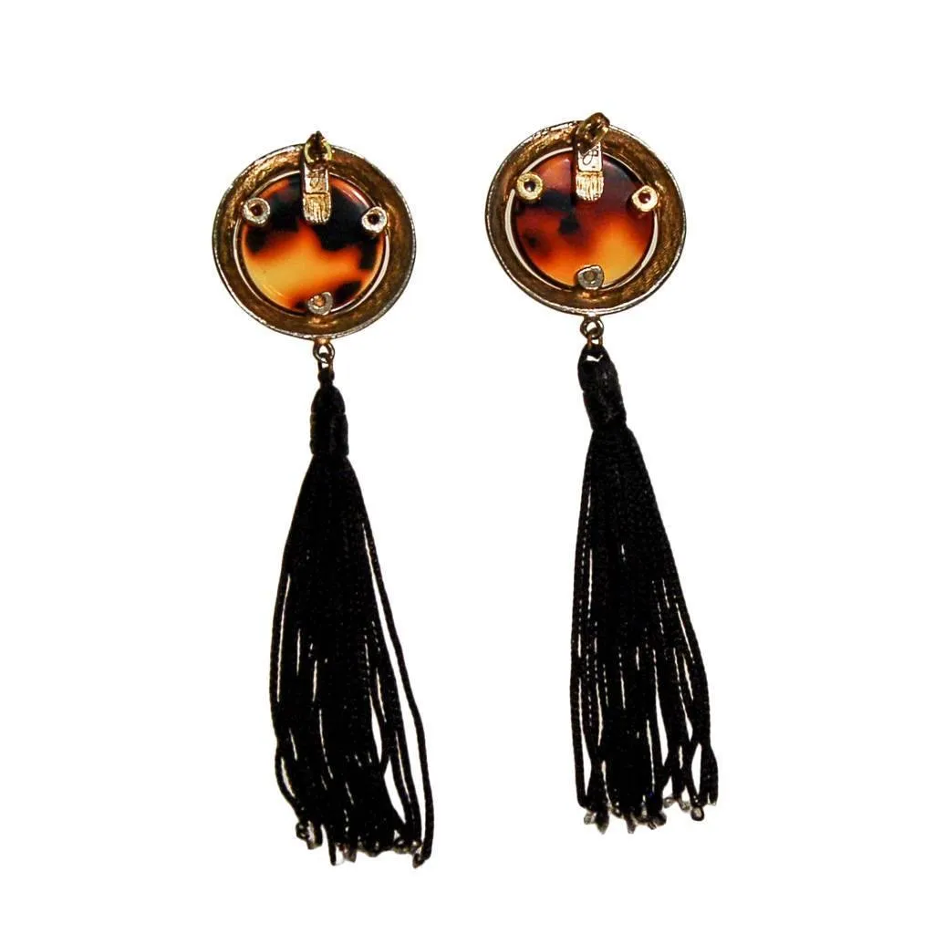 Diane von Furstenberg Tortoise and Black Silk Tassel Earrings