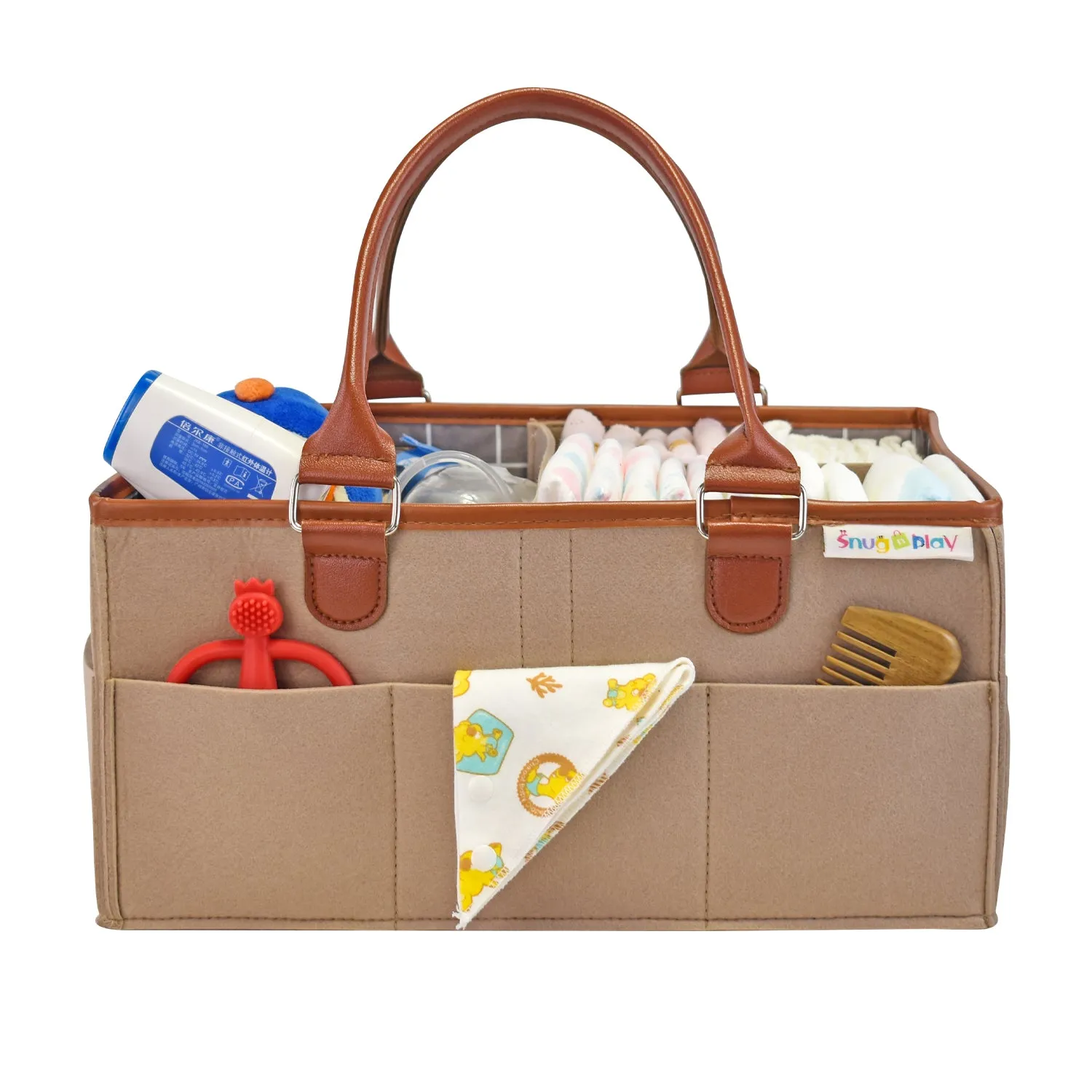 Diaper Caddy Large Size | Beige with Brown Handles | Portable Diaper Organizer Bag