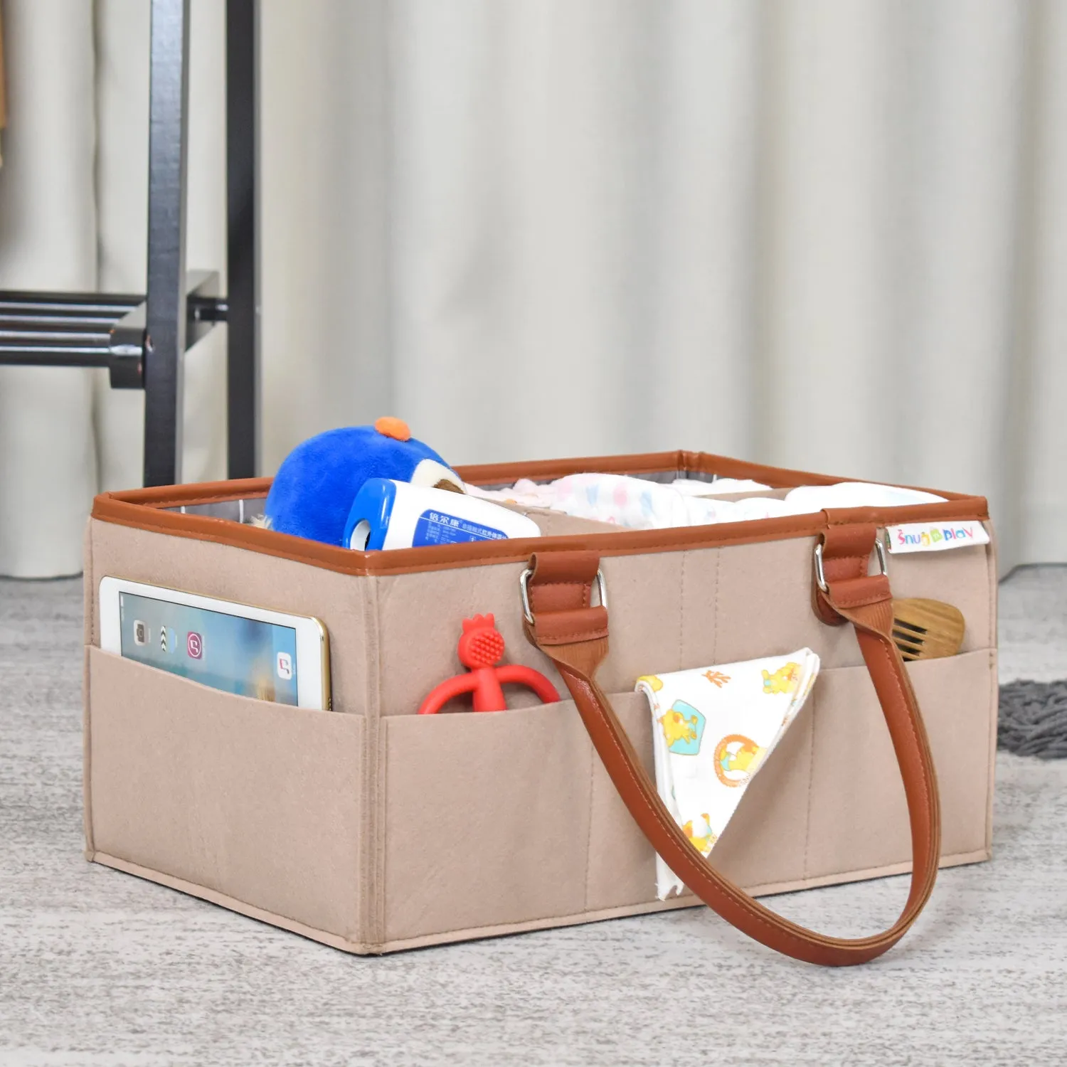 Diaper Caddy Large Size | Beige with Brown Handles | Portable Diaper Organizer Bag