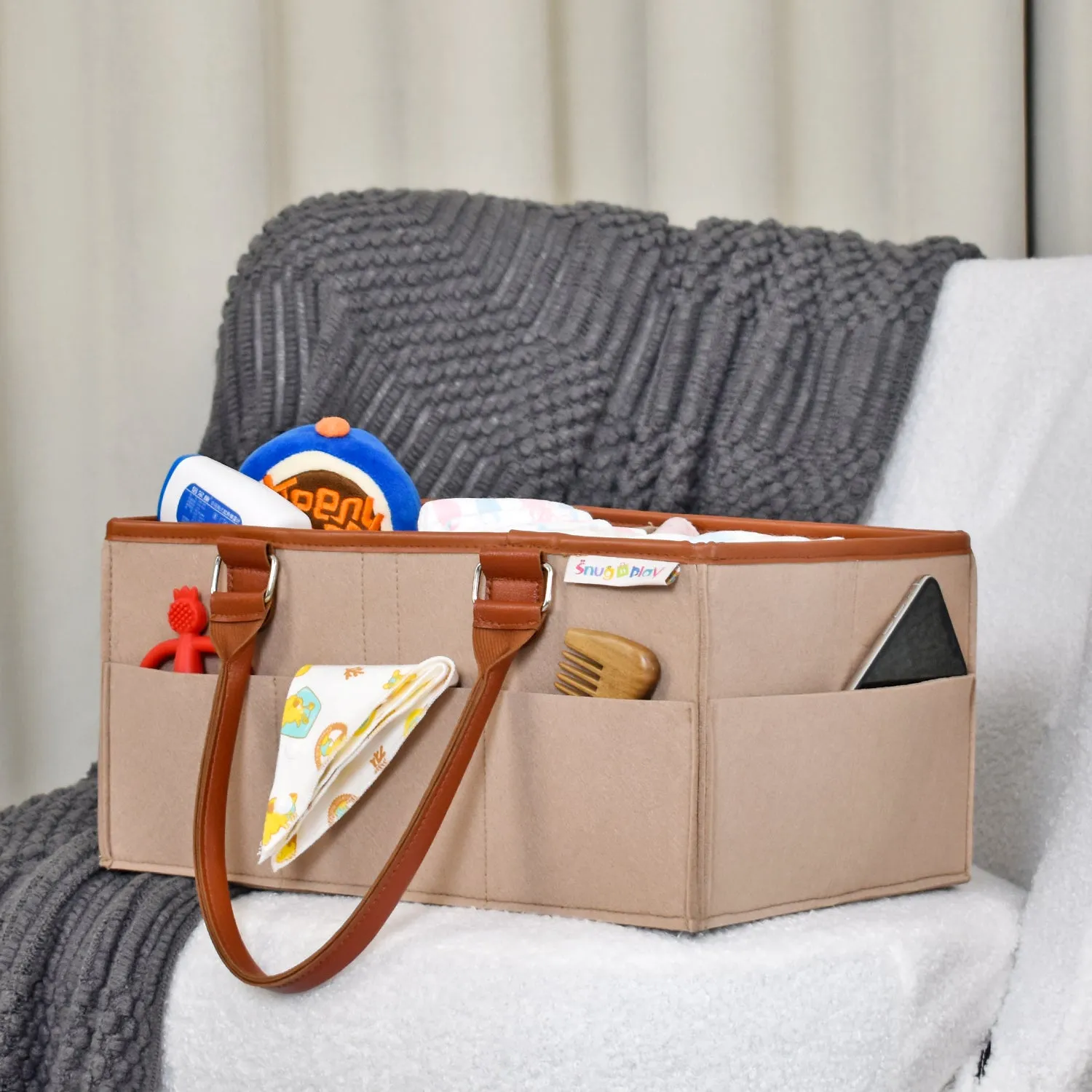 Diaper Caddy Large Size | Beige with Brown Handles | Portable Diaper Organizer Bag