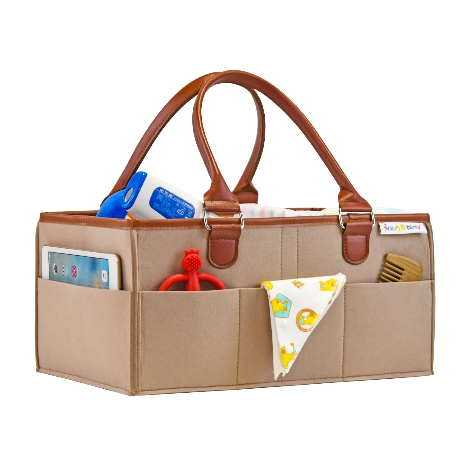Diaper Caddy Large Size | Beige with Brown Handles | Portable Diaper Organizer Bag