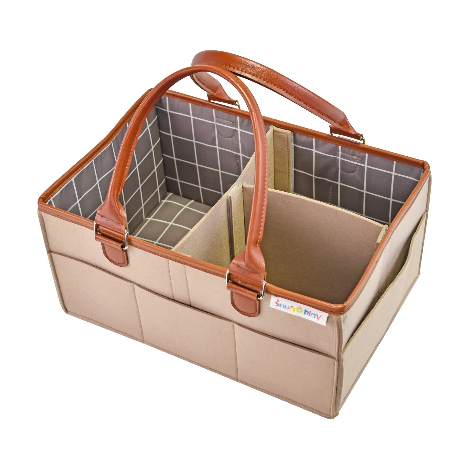 Diaper Caddy Large Size | Beige with Brown Handles | Portable Diaper Organizer Bag