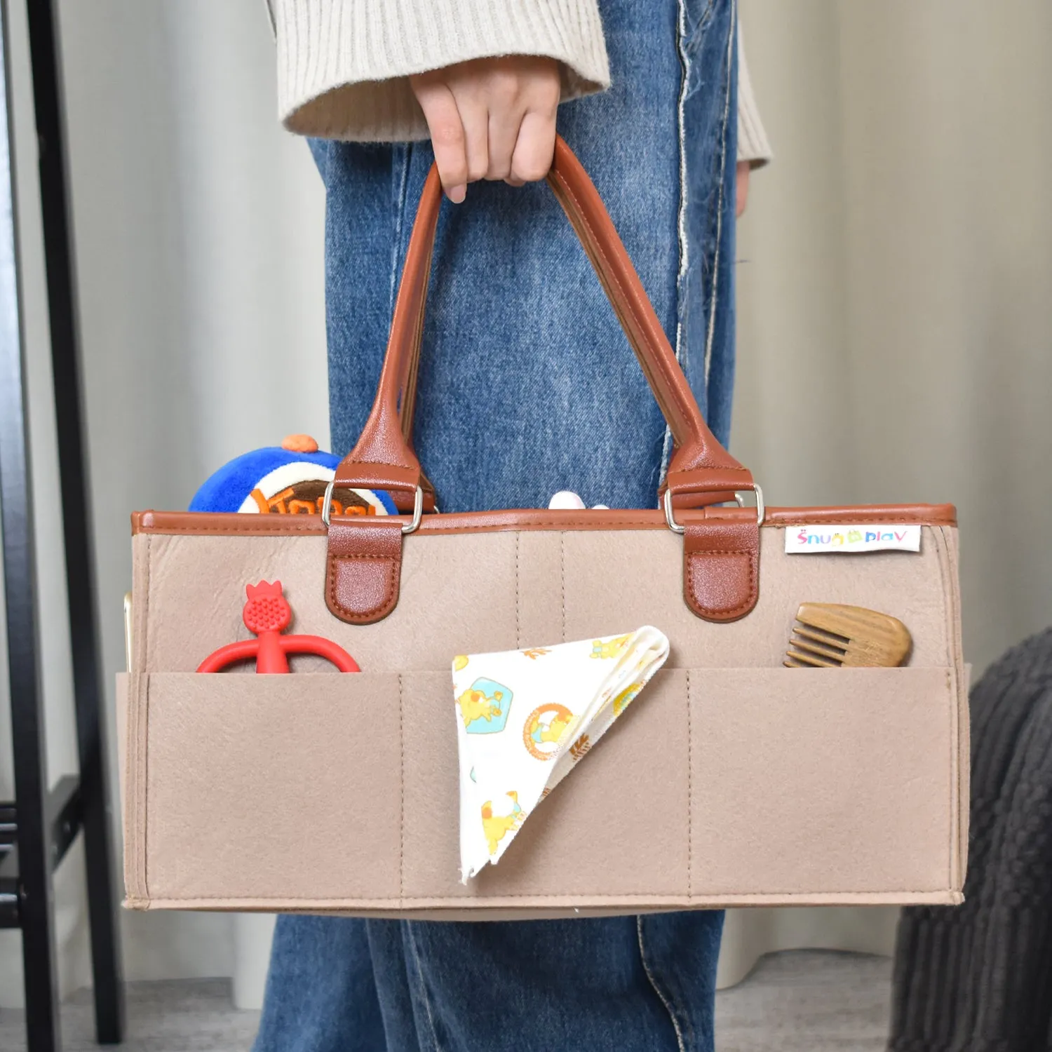 Diaper Caddy Large Size | Beige with Brown Handles | Portable Diaper Organizer Bag