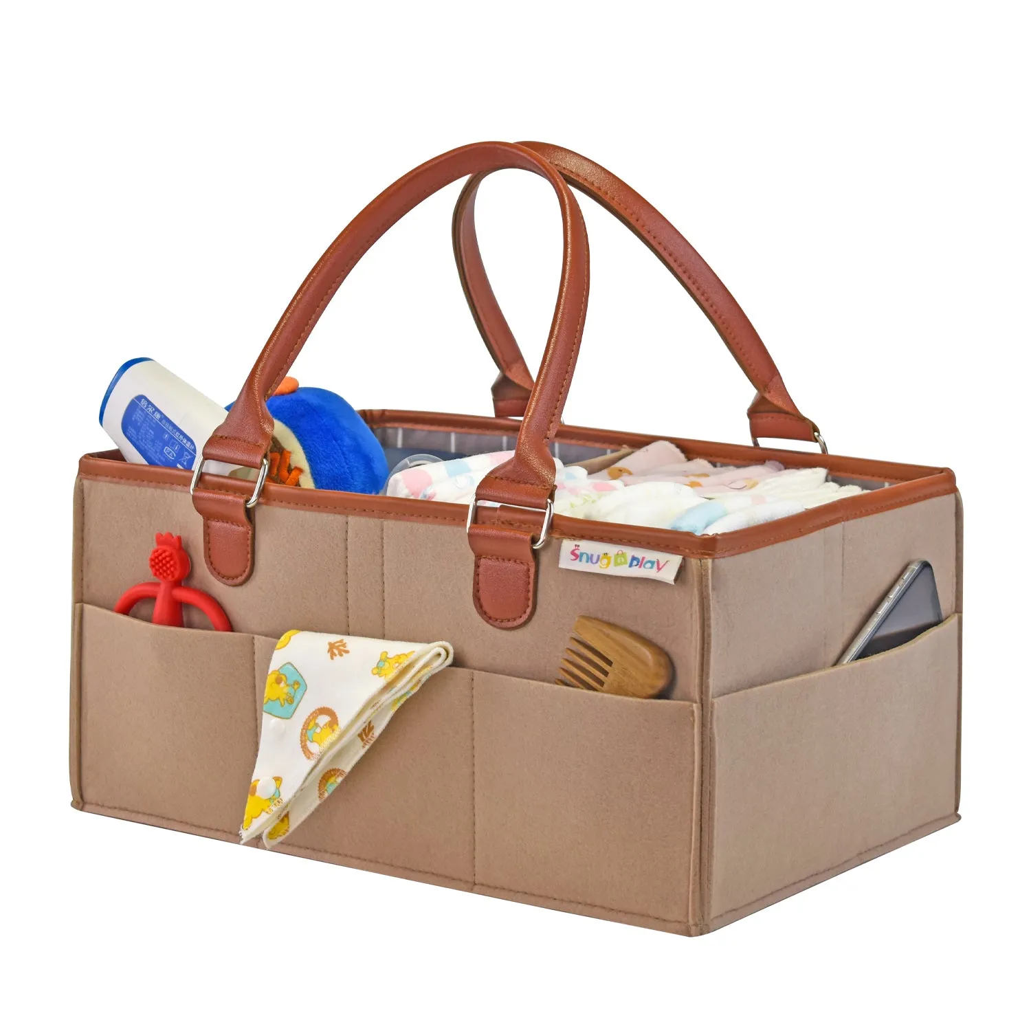 Diaper Caddy Large Size | Beige with Brown Handles | Portable Diaper Organizer Bag