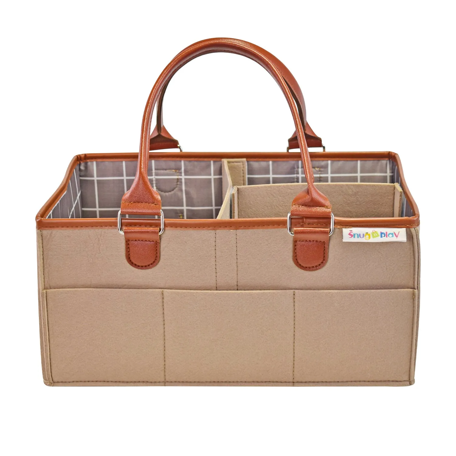 Diaper Caddy Large Size | Beige with Brown Handles | Portable Diaper Organizer Bag