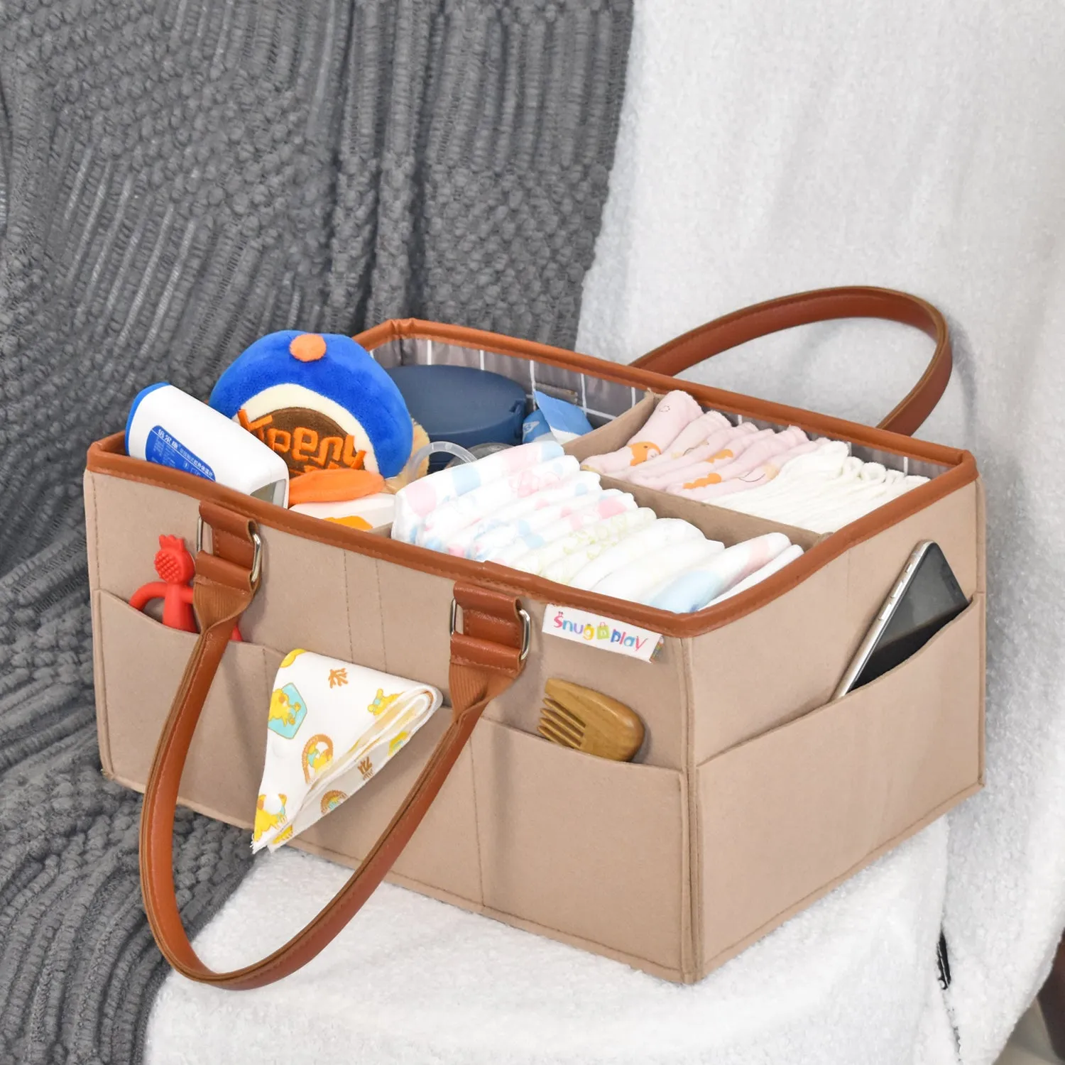 Diaper Caddy Large Size | Beige with Brown Handles | Portable Diaper Organizer Bag