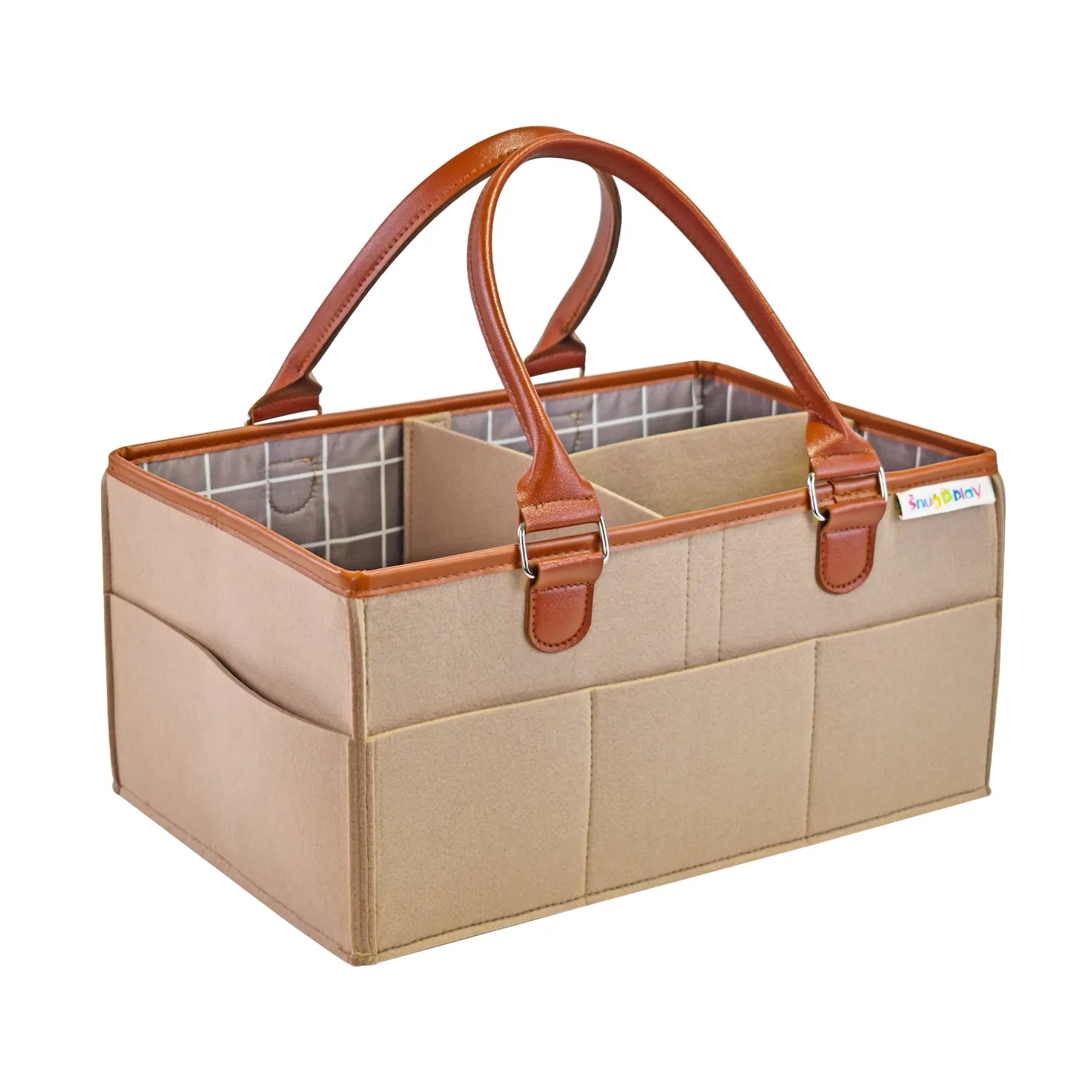 Diaper Caddy Large Size | Beige with Brown Handles | Portable Diaper Organizer Bag