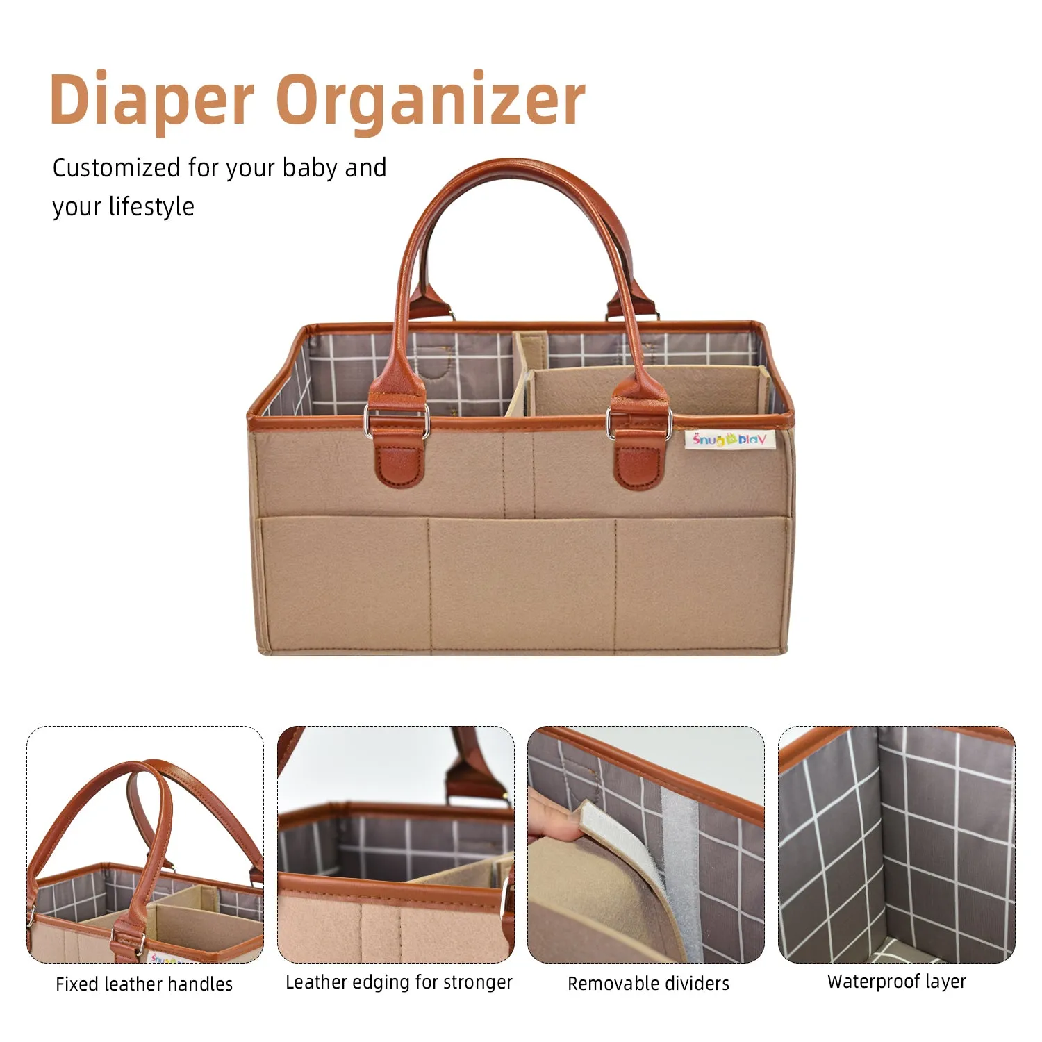 Diaper Caddy Large Size | Beige with Brown Handles | Portable Diaper Organizer Bag
