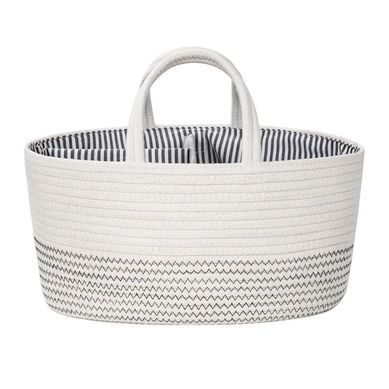 Diaper Caddy | Rope Portable Diaper Organizer Bag | White With Black Stitching | Large