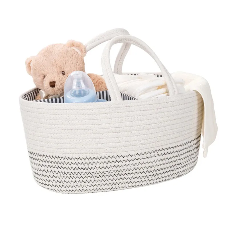 Diaper Caddy | Rope Portable Diaper Organizer Bag | White With Black Stitching | Large