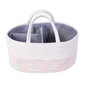 Diaper Caddy | Rope Portable Diaper Organizer Bag | White With Rainbow Stitching | Large