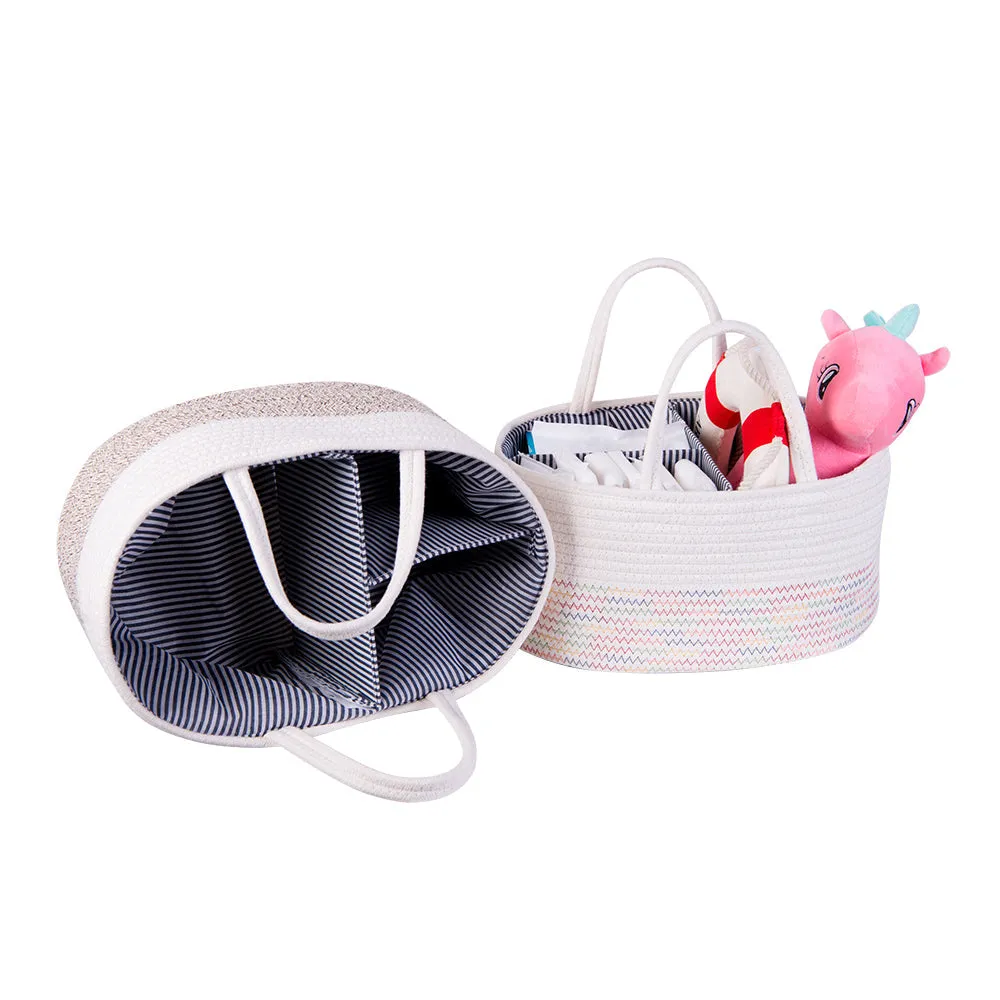 Diaper Caddy | Rope Portable Diaper Organizer Bag | White With Rainbow Stitching | Large