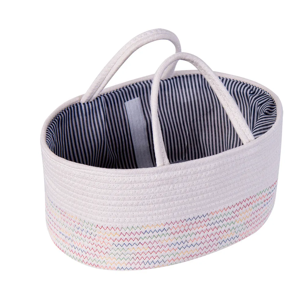 Diaper Caddy | Rope Portable Diaper Organizer Bag | White With Rainbow Stitching | Large