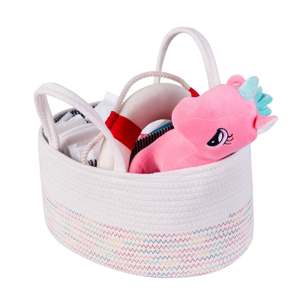Diaper Caddy | Rope Portable Diaper Organizer Bag | White With Rainbow Stitching | Large