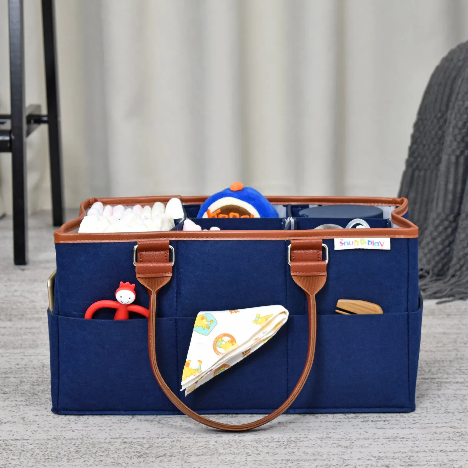Diaper Caddy XL Size | Blue with Brown Handles | Portable Diaper Organizer Bag