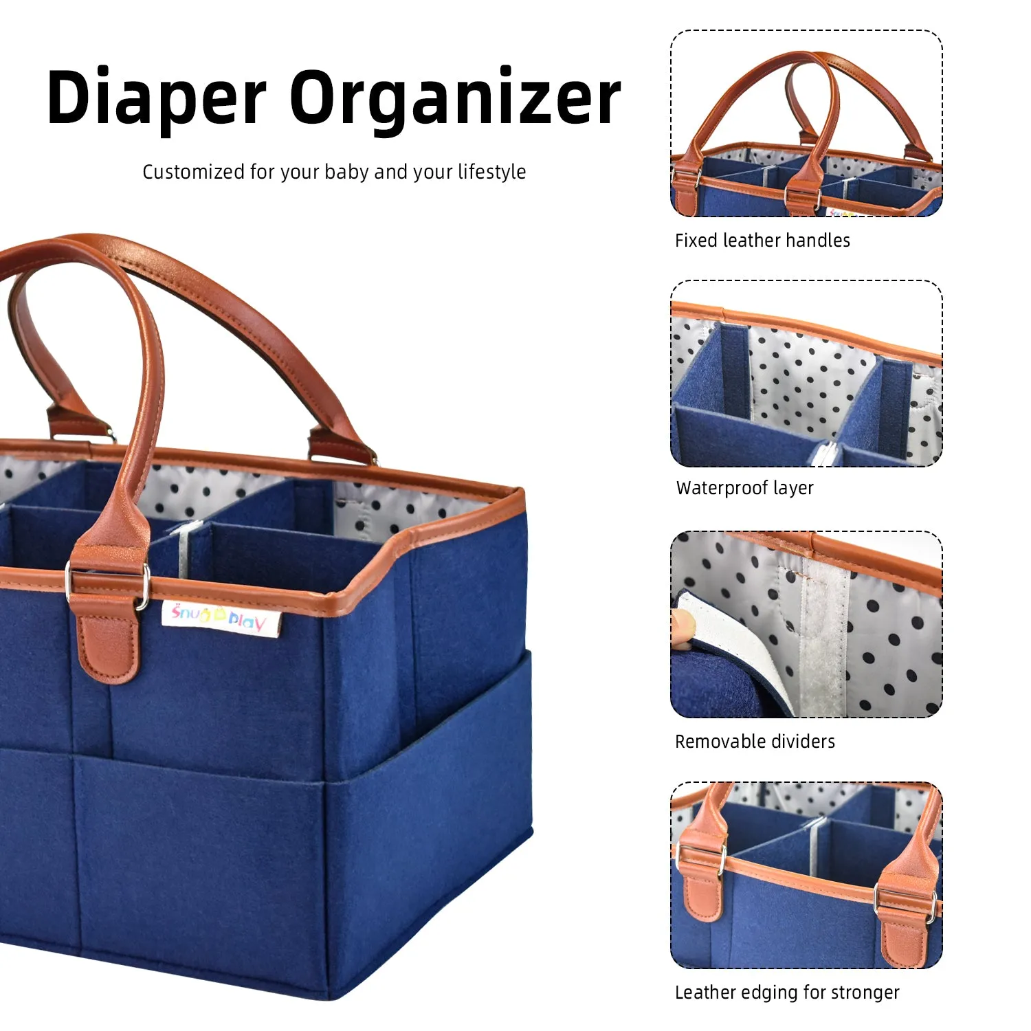 Diaper Caddy XL Size | Blue with Brown Handles | Portable Diaper Organizer Bag