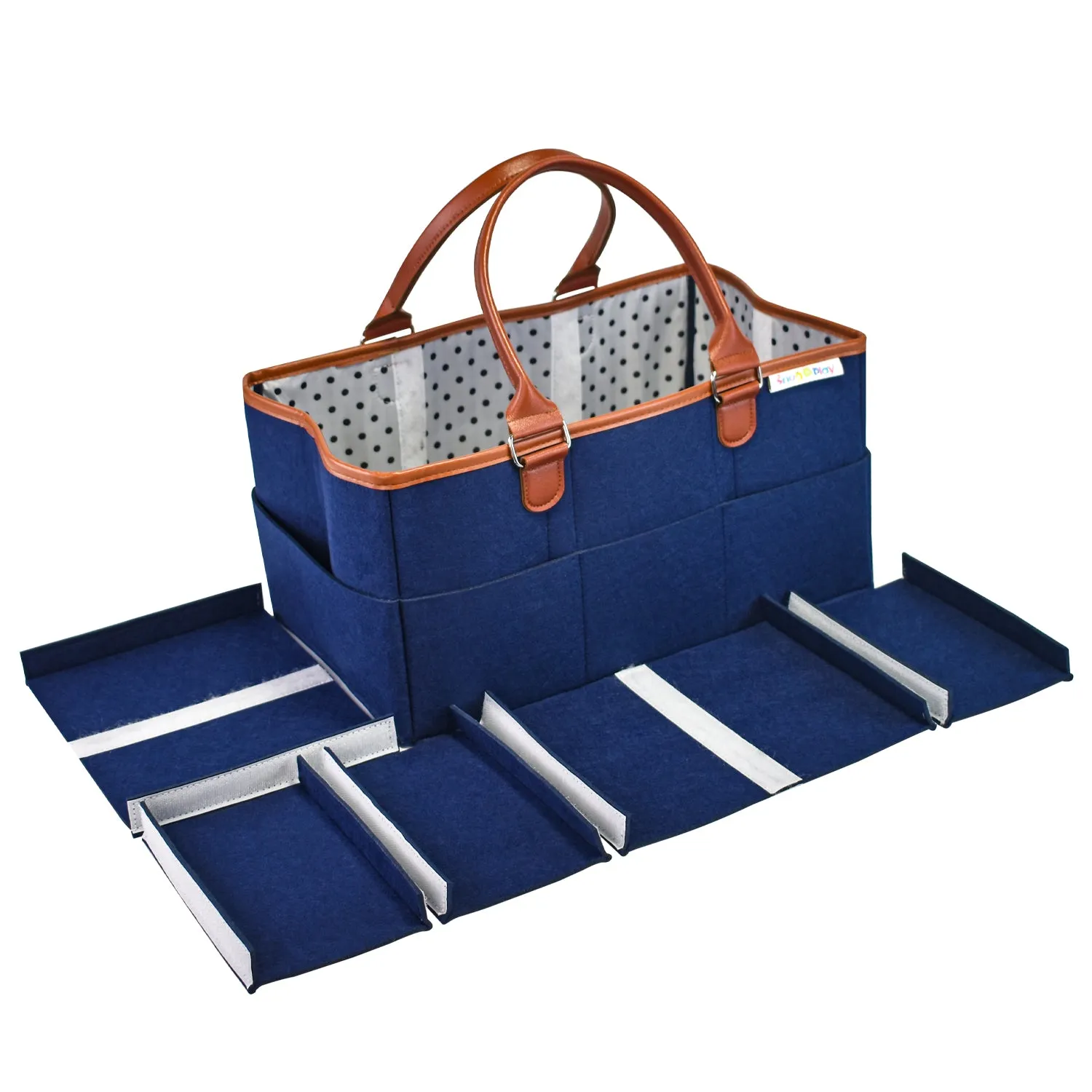 Diaper Caddy XL Size | Blue with Brown Handles | Portable Diaper Organizer Bag