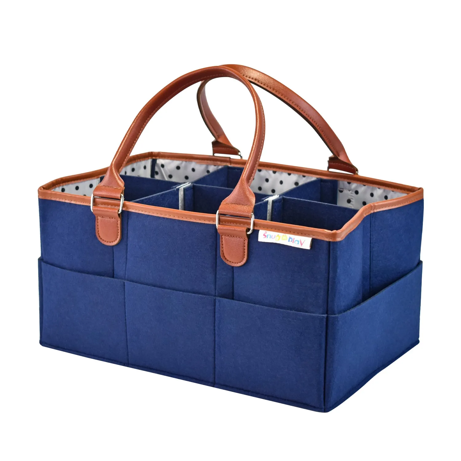 Diaper Caddy XL Size | Blue with Brown Handles | Portable Diaper Organizer Bag