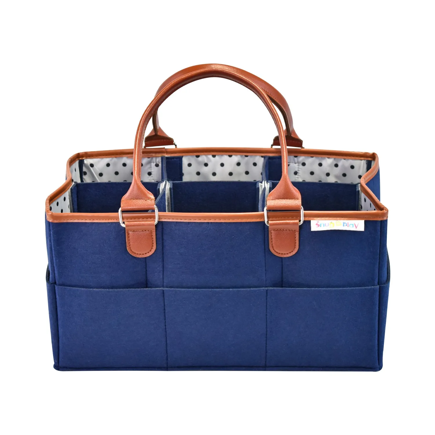 Diaper Caddy XL Size | Blue with Brown Handles | Portable Diaper Organizer Bag